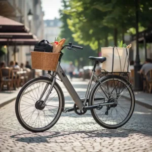 A practical model of affordable electric bikes for commuters, featuring a basket and rear rack loaded with a briefcase and groceries.