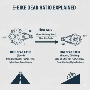 Diagram explaining the concept of gear ratio on an e-bike, illustrating how to choose the front chainring size and rear cog size interact.