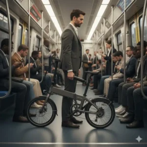 A traveler with their folded folding electric bicycles for urban commuters standing on a crowded public transit train.