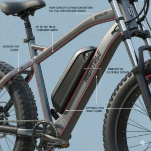 A large, long-range battery pack mounted securely on one of the top-rated electric bikes for heavy riders.