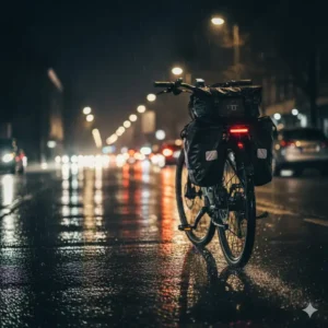 Large waterproof e-bike accessories (saddle bag) attached to an e-bike, perfect for storing gear for rainy weather.