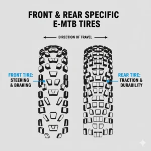 Image showing two different tires, one optimized for front wheel steering and one for rear wheel traction, a common configuration for the best tires for electric mountain bikes.
