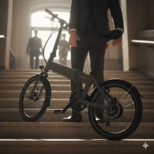 A person carrying the folded folding electric bicycles for urban commuters up a flight of stairs using its integrated handle.