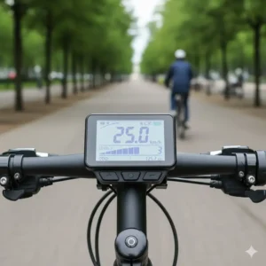 Clear view of an LCD screen display unit on the handlebar, included with the best e bike conversion kits 2025.