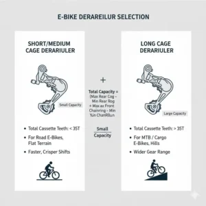 Image of different rear derailleurs, noting the appropriate cage length to choose based on the total capacity of the e-bike's gears.
