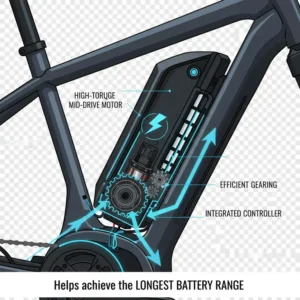 Detailed view of an efficient mid-drive motor system that helps an electric bike with the longest battery range achieve its maximum distance.