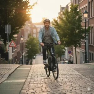 A commuter effortlessly riding an electric bicycle up a steep city hill, illustrating the motor's powerful pedal assist.