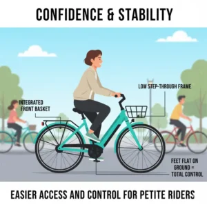A graphic showing a short cyclist comfortably placing both feet flat on the ground while seated on the best step-through electric bikes for short riders.