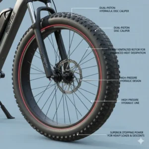 Focus on the powerful hydraulic disc braking system for safe and efficient stopping power on the top-rated electric bikes for heavy riders.
