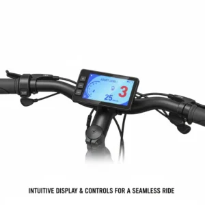 Close-up of the intuitive display and controls on the handlebars of lightweight electric bikes for women.