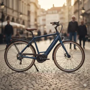 Side profile of a stylish, low-step frame version of affordable electric bikes for commuters, complete with essential fenders and lights.