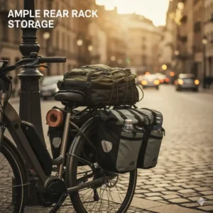 Rear rack and pannier bags attached to the top rated electric bikes for city commuting.