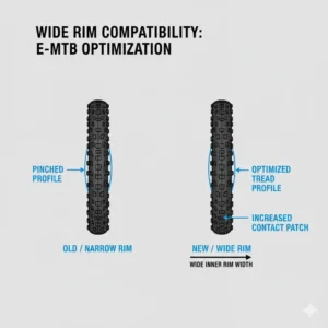 Overhead view of a high-volume electric mountain bike tire properly seated on a wide inner-width rim for optimal profile, suitable for the best tires for electric mountain bikes.