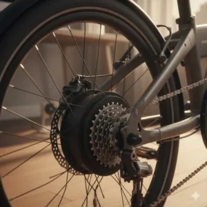 Detailed view of the rear-hub motor and gear system on the durable folding electric bicycles for urban commuters.