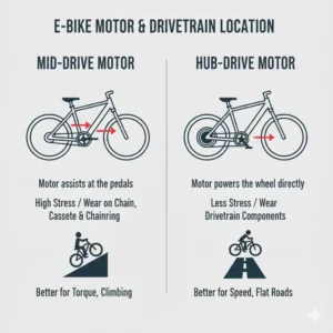 Illustration contrasting the drivetrain stress and component requirements for mid-drive versus hub-drive e-bike motors.
