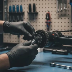 Close-up of a smaller sprocket being fitted to a mid-drive motor to improve mechanical advantage and provide better low-end power.