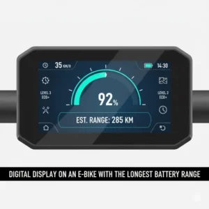 Digital display showing the remaining battery life and estimated maximum range on an electric bike with the longest battery range.