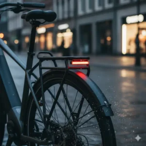 Detail shot of an urban electric bicycle wheel with integrated LED lights and full fenders, essential safety features for daily commuting.