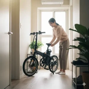 A compact, folded version of affordable electric bikes for commuters being stored neatly in a small urban apartment hallway.