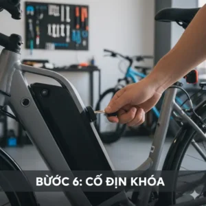 Turning the key to lock and secure the newly installed battery firmly in place within the bike's downtube or rack when you replace e bike battery.