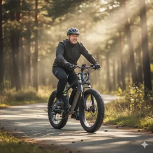 An adult male comfortably riding one of the top-rated electric bikes for heavy riders on a scenic dirt trail.