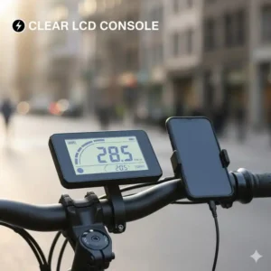 Handlebar view of the LCD display on one of the top rated electric bikes for city commuting.