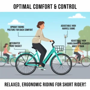 Side profile illustrating the comfortable, upright riding position provided by the best step-through electric bikes for short riders