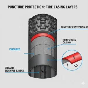 Close-up visual of a tire bead or an internal diagram highlighting the puncture protection belt or layer built into the casing of the best tires for electric mountain bikes.