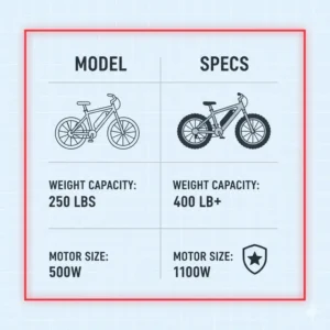 Simple icon graphic representing specifications and features of top-rated electric bikes for heavy riders in a comparison format.
