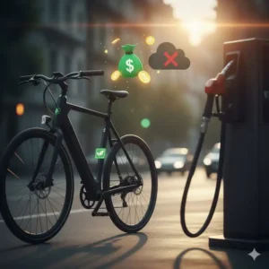 A conceptual image showing a silhouette of one of the affordable electric bikes for commuters next to a blurry gas pump, representing cost savings.