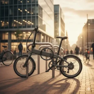 A securely locked folding electric bicycles for urban commuters parked at a city bike rack outside an office.