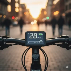 Clear image of an electric bicycle's handlebar-mounted digital display, showing speed, battery life, and pedal-assist level for the commuter.