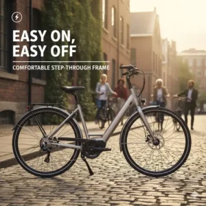 Step-through frame geometry featured on the top rated electric bikes for city commuting.