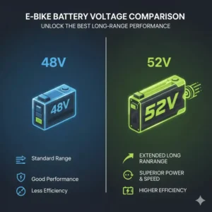 Diagram comparing the higher performance and efficiency of 52V over 48V for best e bike batteries for long range.