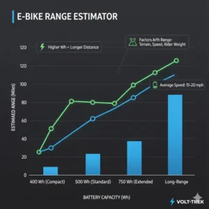 Infographic illustrating the relationship between battery capacity (Wh) and potential mileage for best e bike batteries for long range.