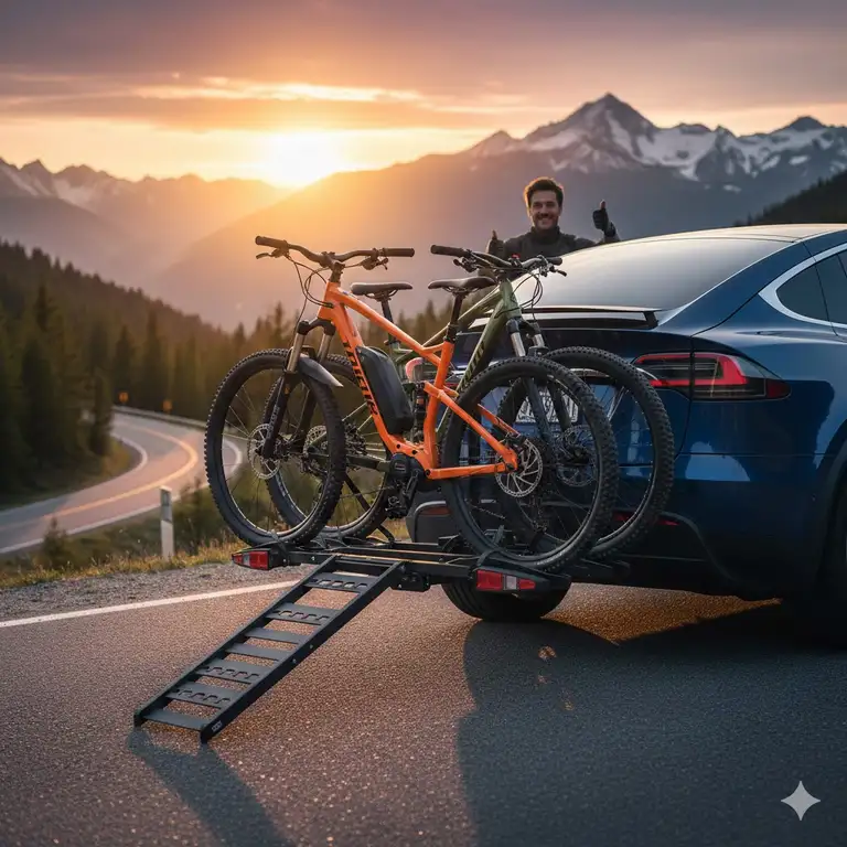 A premium heavy-duty hitch mounted bike rack with ramp installed on an SUV carrying two electric bikes.