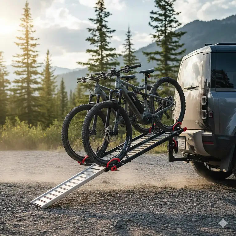 A professional view of a heavy-duty bike rack with ramp for hitch receiver mounted on an SUV.