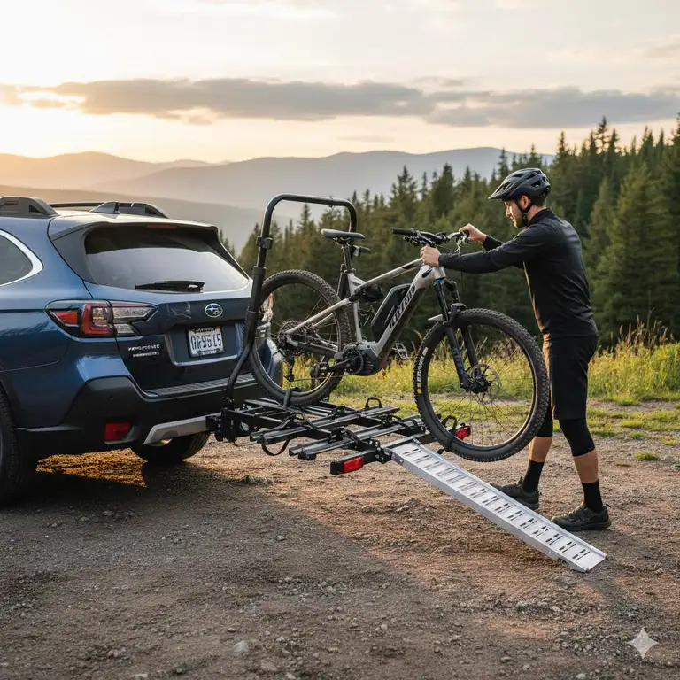 A premium hitch bike rack with loading ramp mounted on a blue SUV during sunset in a mountain area.