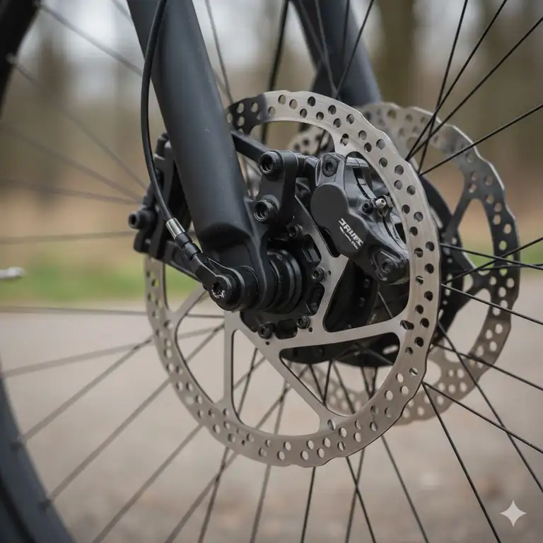 Close-up view of the best recommended disc brakes for e bikes, highlighting the high-performance rotor and caliper.