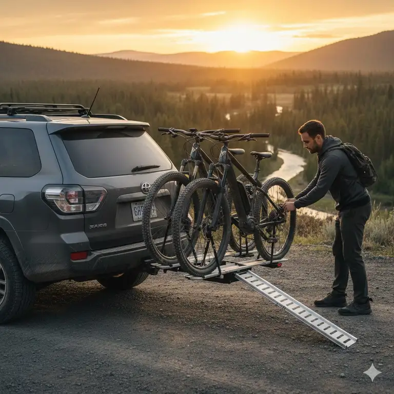A professional shot of a heavy-duty hitch bike rack with ramp for ebikes mounted on an SUV at sunset.