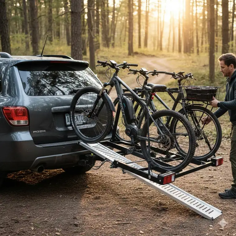 A professional hero shot of a heavy-duty hitch mount bike rack with ramp installed on an SUV in a forest setting.
