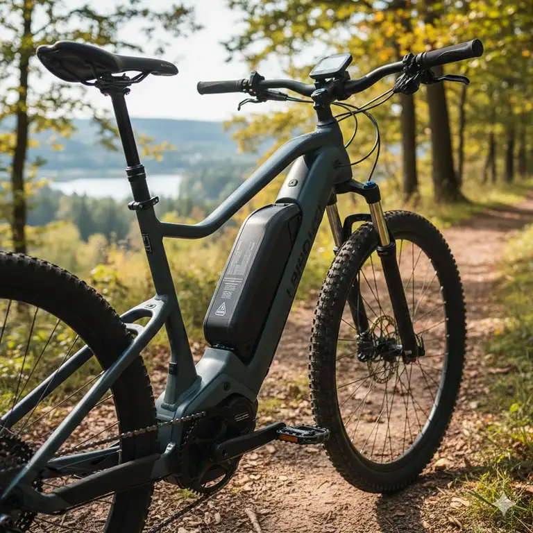 A photo of an electric bike with its battery clearly visible, illustrating the main topic: how long do e bike batteries last for general usage.
