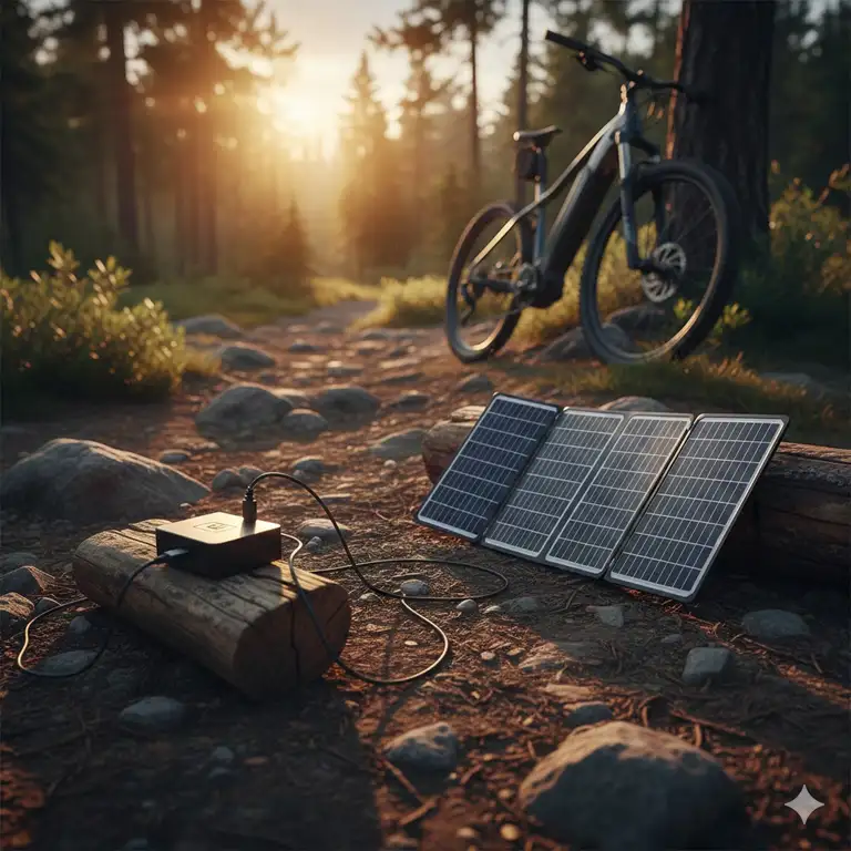 A portable solar setup demonstrating how to charge e bike battery without charger safely while camping off-grid.