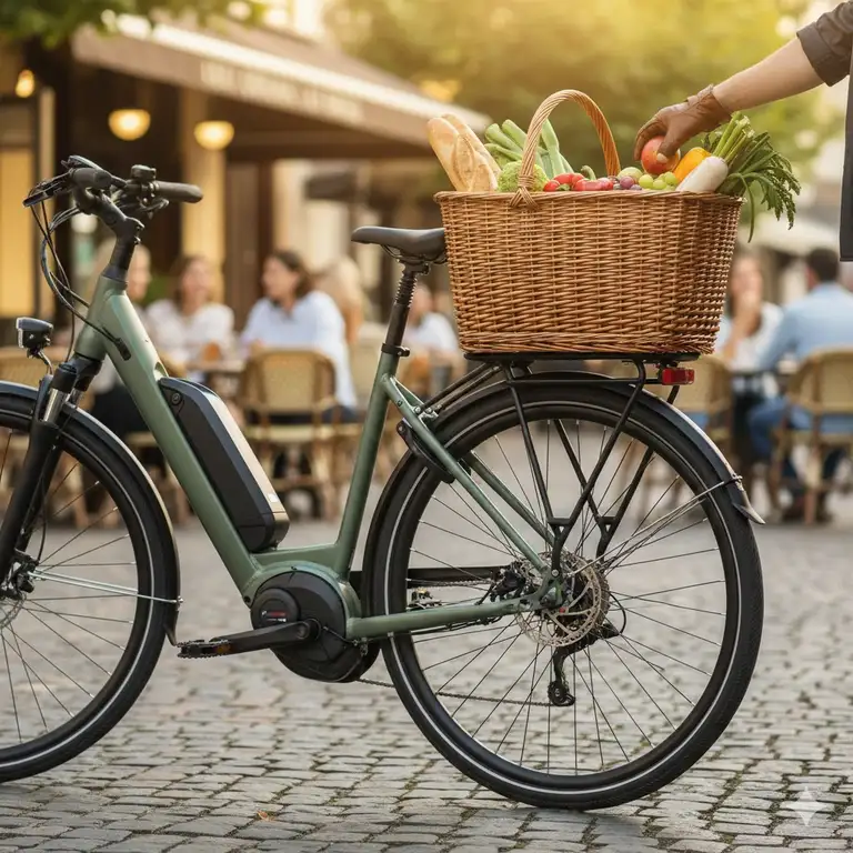 A completed electric bike with a woven basket on the new rear rack showing you how to install it.