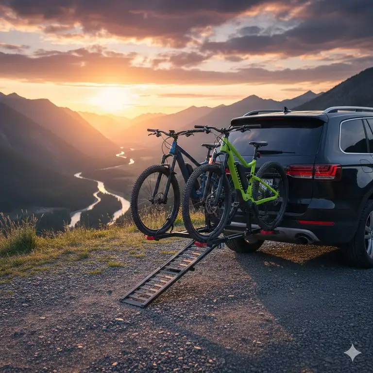 A premium trailer hitch bike rack with ramp carrying two electric mountain bikes on an SUV.