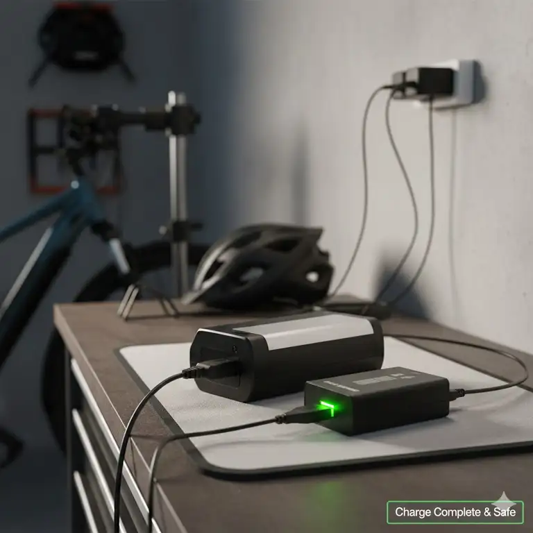 A smart e-bike charger connected to a battery with a green light indicating a safe full charge, answering the question: can you charge e bike battery overnight.