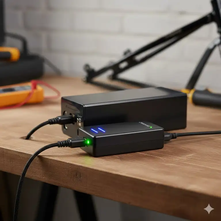 A featured image of the best e bike battery chargers 48V connected to a lithium battery on a workbench for safe charging.