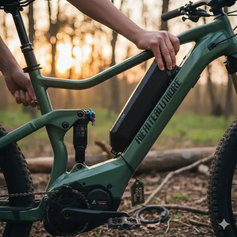 Close-up shot of an electric bike's lithium-ion battery pack being securely mounted, illustrating how to extend e bike battery life through proper care and handling.