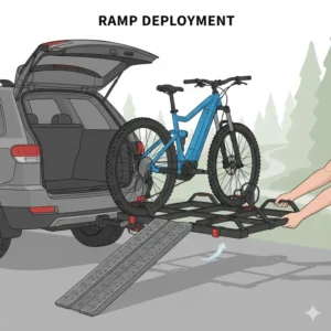 Diagram showing the extension of a trailer hitch bike rack with ramp for easy loading.