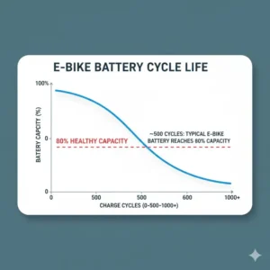 A chart showing battery capacity degradation over charge cycles, answering the question: how long do e bike batteries last in terms of total cycle life.